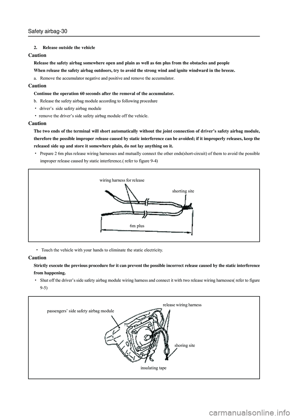 GREAT WALL HOVER 2006 Service Repair Manual Safety airbag-30
wiring harness for release
shorting site
6m plus
2. Release outside the vehicle
Caution
Release the safety airbag somewhere open and plain as well as 6m plus from the obstacles and GREAT WALL HOVER 2006 Service Repair Manual Safety airbag-30
wiring harness for release
shorting site
6m plus
2. Release outside the vehicle
Caution
Release the safety airbag somewhere open and plain as well as 6m plus from the obstacles and