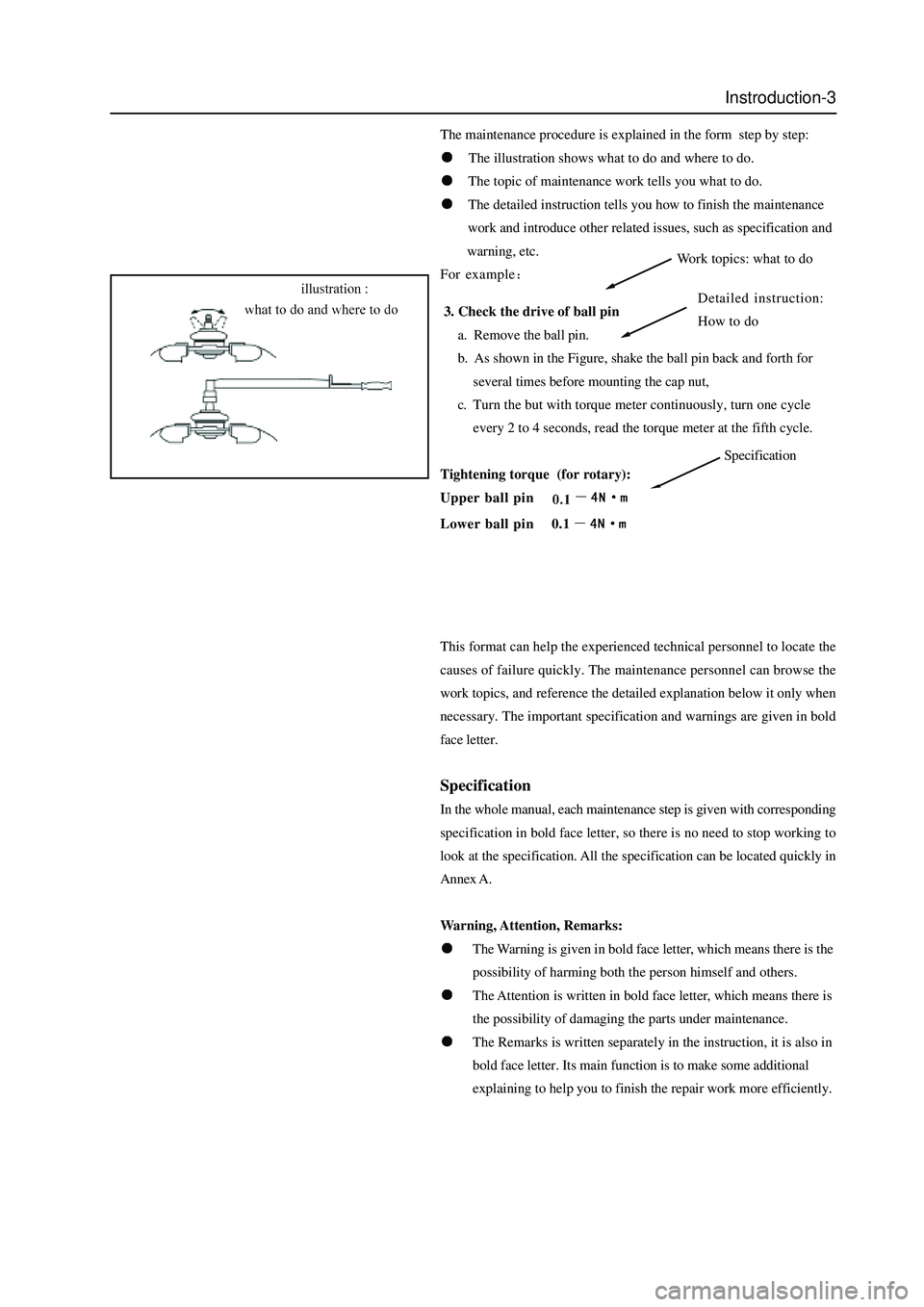 GREAT WALL HOVER 2006  Service Repair Manual Instroduction-3
The maintenance procedure is explained in the form  step by step:
The illustration shows what to do and where to do.
The topic of maintenance work tells you what to do.
The detailed in