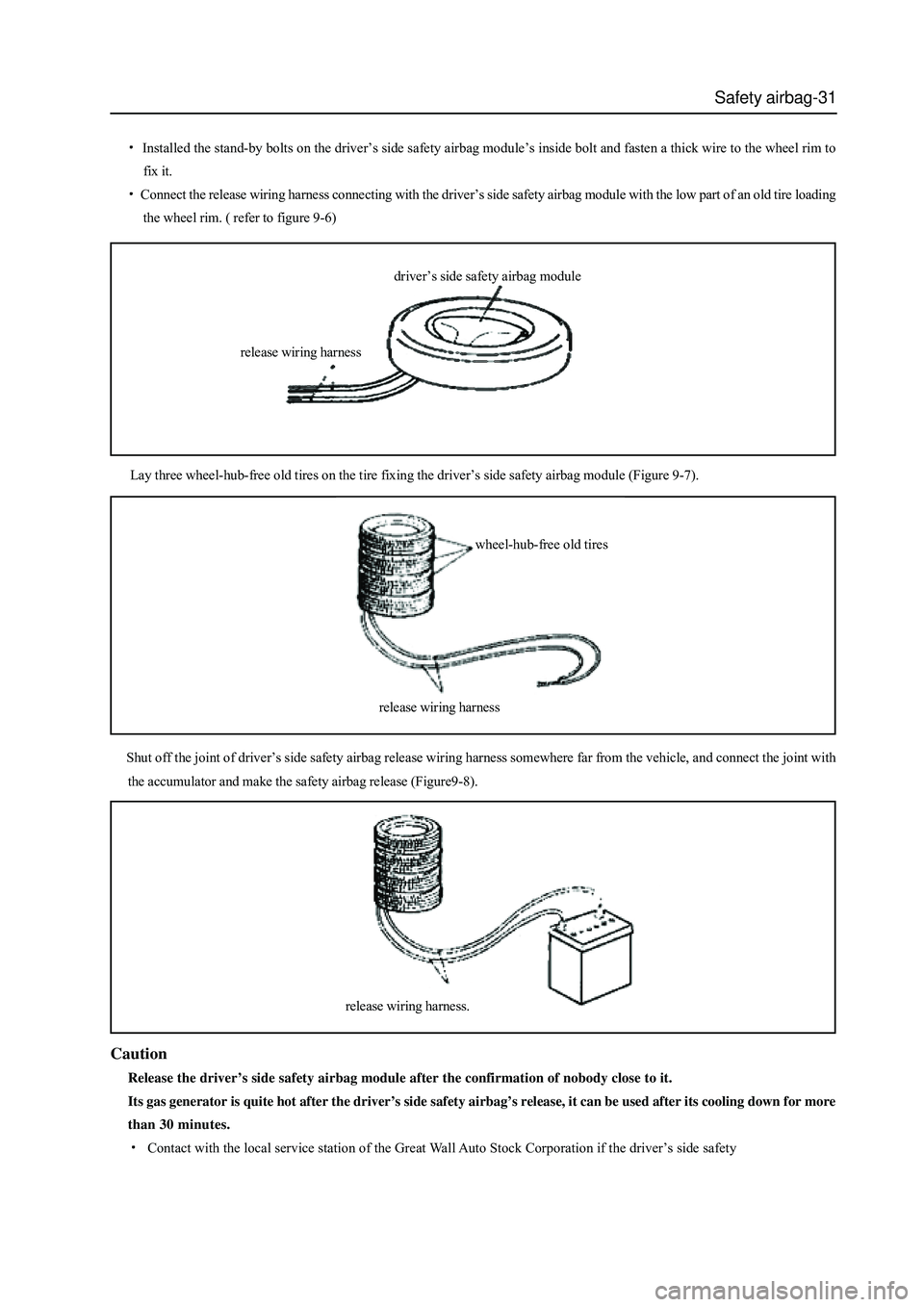 GREAT WALL HOVER 2006 Service Repair Manual Safety airbag-31
release wiring harness.
driver’s side safety airbag module
release wiring harness
Installed the stand-by bolts on the driver’s side safety airbag module’s inside bolt and fasten GREAT WALL HOVER 2006 Service Repair Manual Safety airbag-31
release wiring harness.
driver’s side safety airbag module
release wiring harness
Installed the stand-by bolts on the driver’s side safety airbag module’s inside bolt and fasten