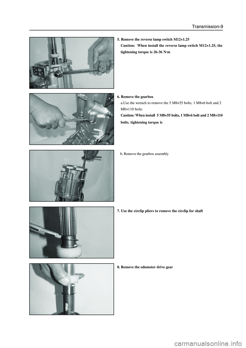 GREAT WALL HOVER 2006 Service Service Manual 5. Remove the reverse lamp switch M12×1.25
Caution: When install the reverse lamp switch M12×1.25, the
tightening torque is 26-36 N·m
6. Remove the gearbox
a.Use the wrench to remove the 5 M8×55 GREAT WALL HOVER 2006 Service Service Manual 5. Remove the reverse lamp switch M12×1.25
Caution: When install the reverse lamp switch M12×1.25, the
tightening torque is 26-36 N·m
6. Remove the gearbox
a.Use the wrench to remove the 5 M8×55
