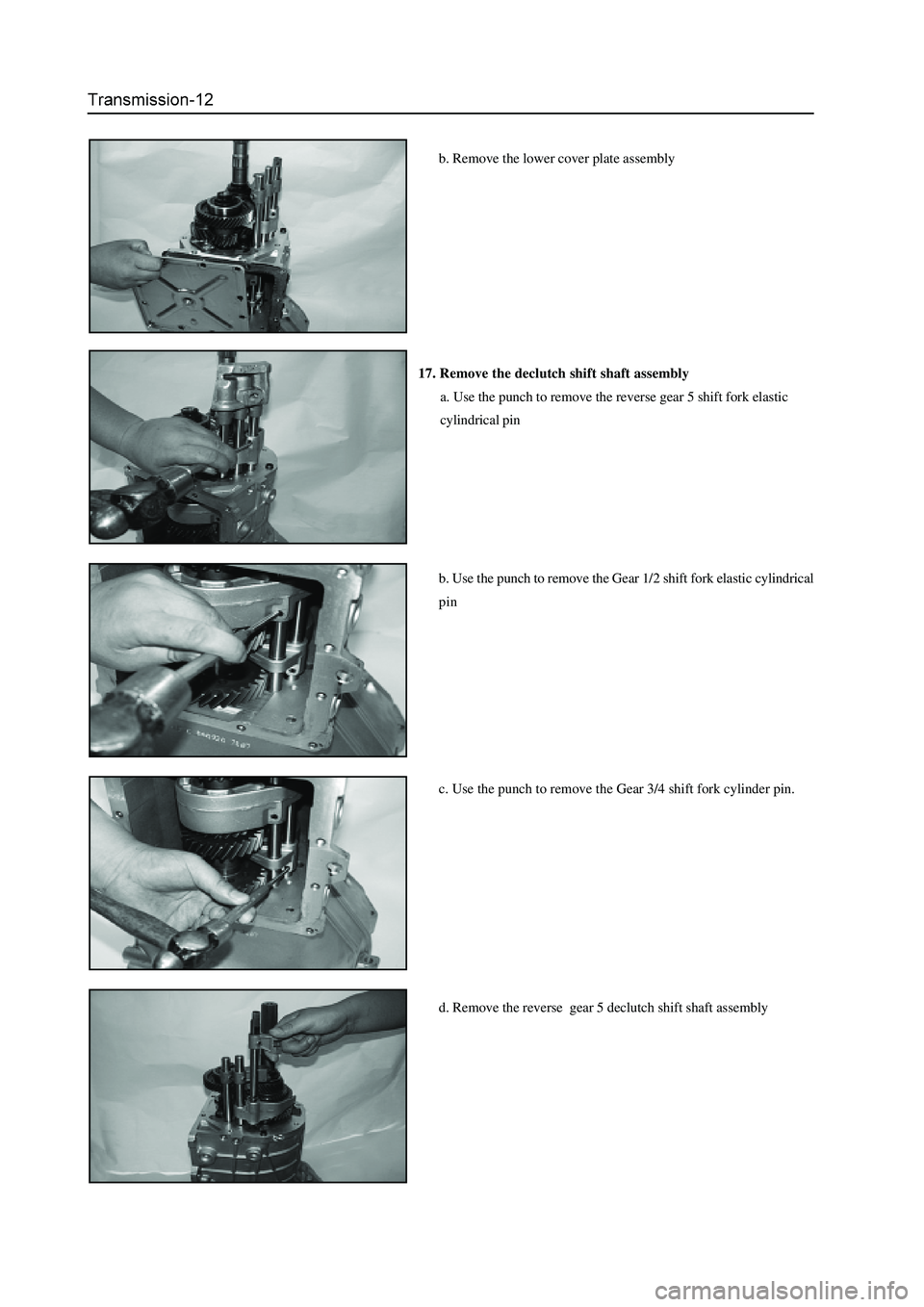 GREAT WALL HOVER 2006  Service Workshop Manual b. Remove the lower cover plate assembly
17. Remove the declutch shift shaft assembly
a. Use the punch to remove the reverse gear 5 shift fork elastic
cylindrical pin
b. Use the punch to remove the Ge