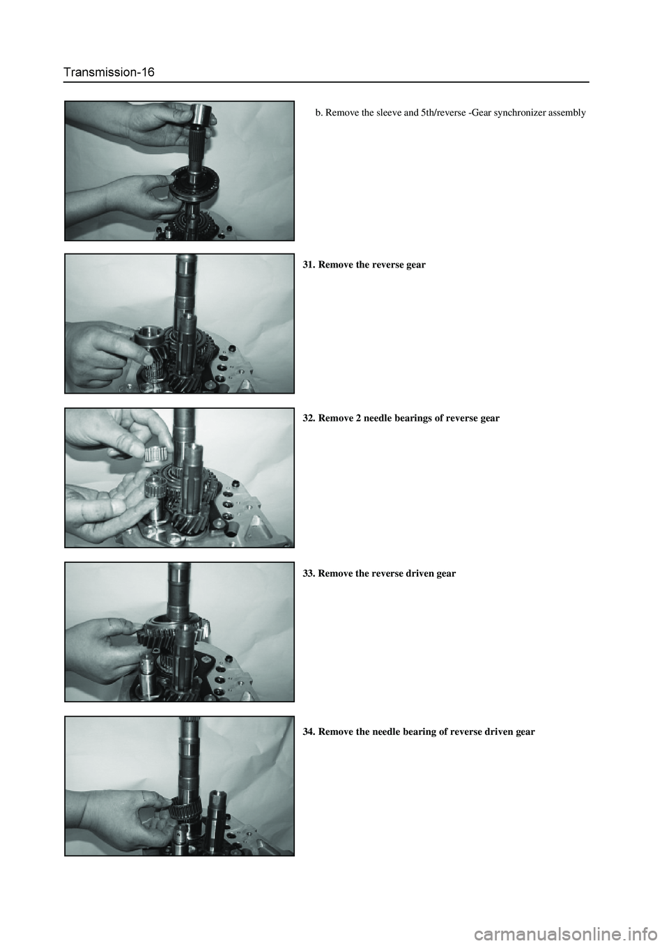 GREAT WALL HOVER 2006  Service Workshop Manual 31. Remove the reverse gear
32. Remove 2 needle bearings of reverse gear
33. Remove the reverse driven gear
34. Remove the needle bearing of reverse driven gearb. Remove the sleeve and 5th/reverse -Ge