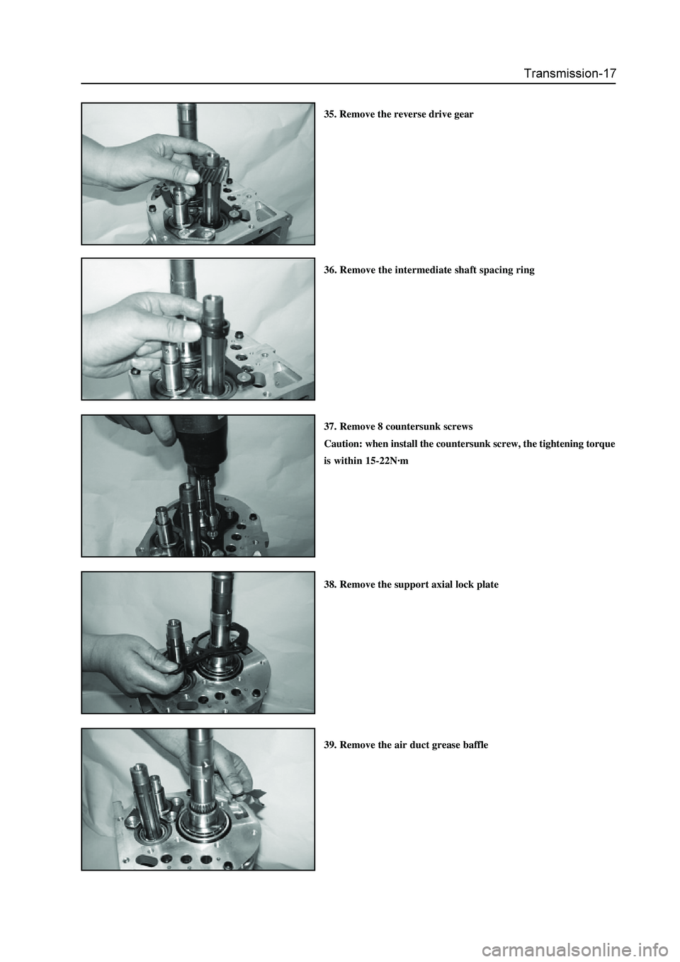 GREAT WALL HOVER 2006  Service Workshop Manual 35. Remove the reverse drive gear
36. Remove the intermediate shaft spacing ring
37. Remove 8 countersunk screws
Caution: when install the countersunk screw, the tightening torque
is within 15-22N·m
