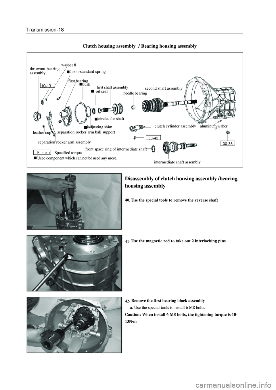 GREAT WALL HOVER 2006  Service Workshop Manual Disassembly of clutch housing assembly /bearing
housing assembly
40. Use the special tools to remove the reverse shaft
Use the magnetic rod to take out 2 interlocking pins
Remove the first bearing blo