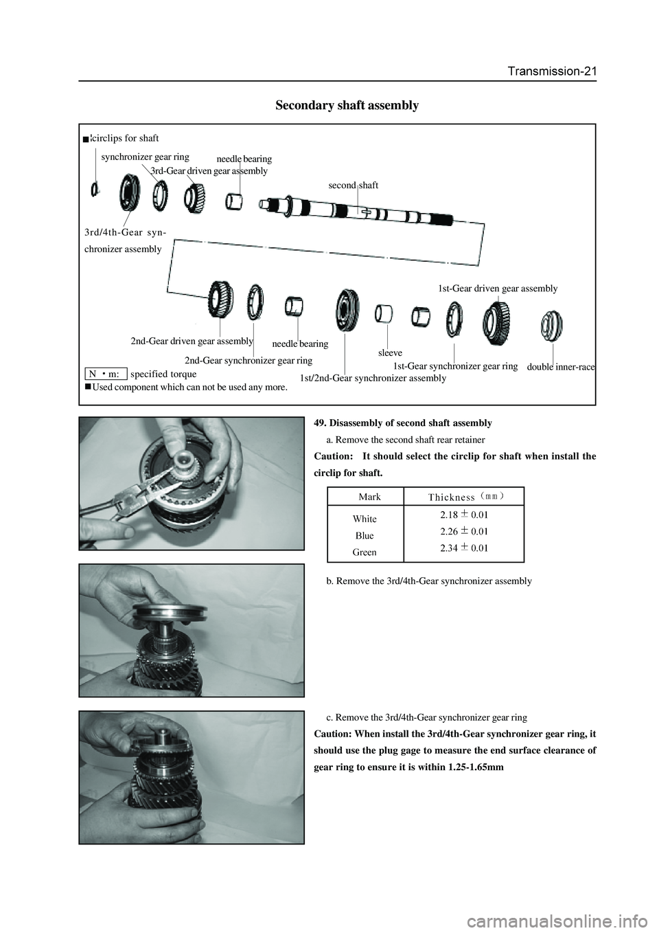 GREAT WALL HOVER 2006  Service Workshop Manual Secondary shaft assembly
49. Disassembly of second shaft assembly
a. Remove the second shaft rear retainer
Caution:   It should select the circlip for shaft when install the
circlip for shaft.
b. Remo