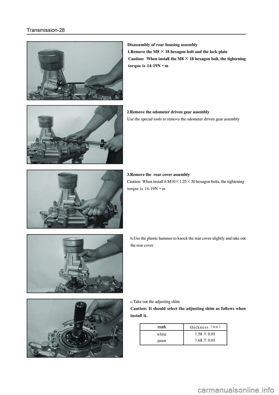 GREAT WALL HOVER 2006 Service Manual PDF Disassembly of rear housing assembly
1.Remove the M8
18 hexagon bolt and the lock plate
Caution: When install the M8
18 hexagon bolt, the tightening
torque is 14-19N
m
2.Remove the odometer driven ge GREAT WALL HOVER 2006 Service Manual PDF Disassembly of rear housing assembly
1.Remove the M8
18 hexagon bolt and the lock plate
Caution: When install the M8
18 hexagon bolt, the tightening
torque is 14-19N
m
2.Remove the odometer driven ge