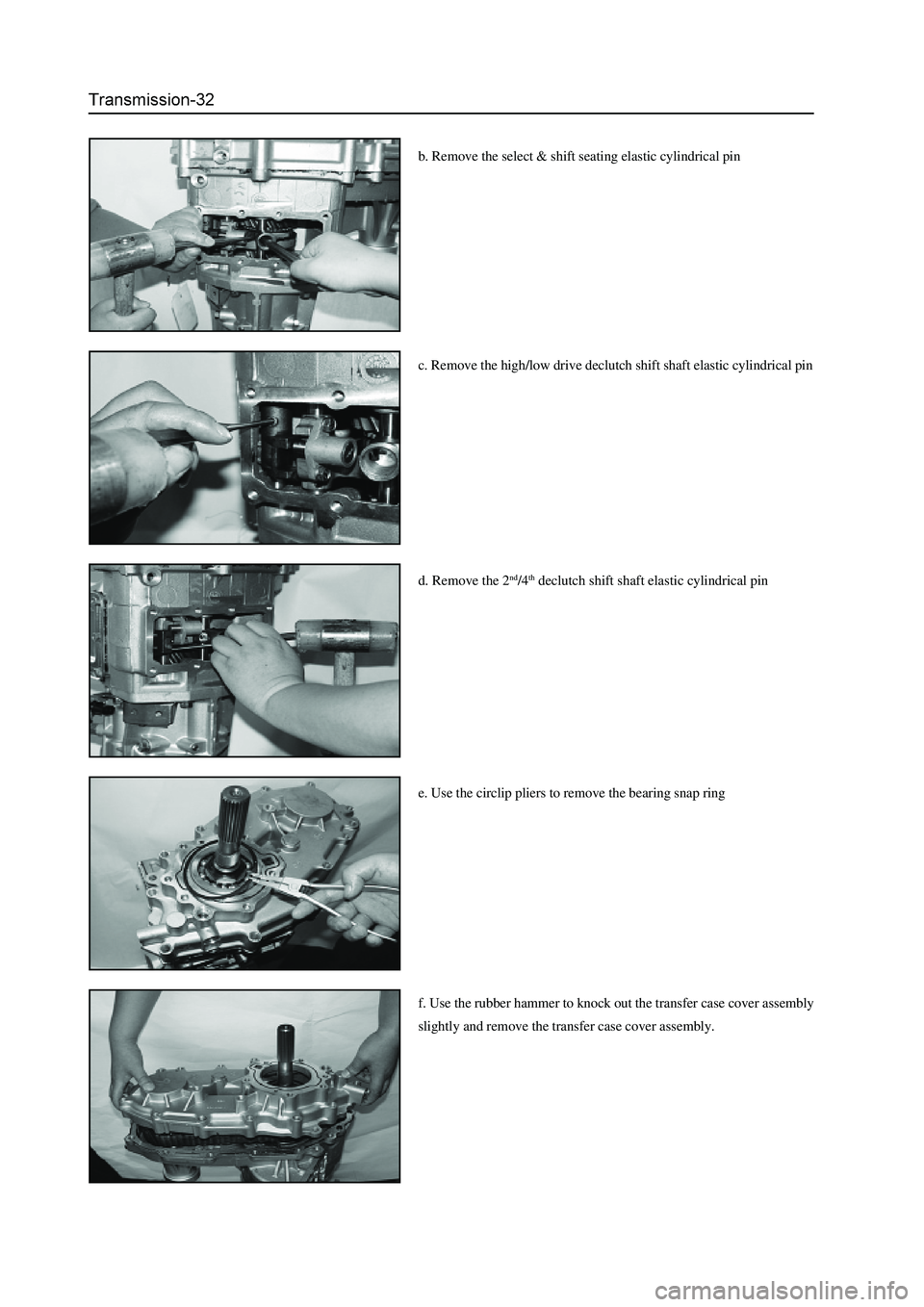 GREAT WALL HOVER 2006 Service Manual PDF c. Remove the high/low drive declutch shift shaft elastic cylindrical pin
d. Remove the 2
nd/4th declutch shift shaft elastic cylindrical pin
e. Use the circlip pliers to remove the bearing snap ring
GREAT WALL HOVER 2006 Service Manual PDF c. Remove the high/low drive declutch shift shaft elastic cylindrical pin
d. Remove the 2
nd/4th declutch shift shaft elastic cylindrical pin
e. Use the circlip pliers to remove the bearing snap ring