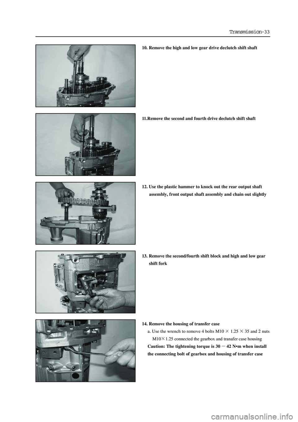 GREAT WALL HOVER 2006  Service Repair Manual Transmission-33
10. Remove the high and low gear drive declutch shift shaft
11.Remove the second and fourth drive declutch shift shaft
12. Use the plastic hammer to knock out the rear output shaft
   