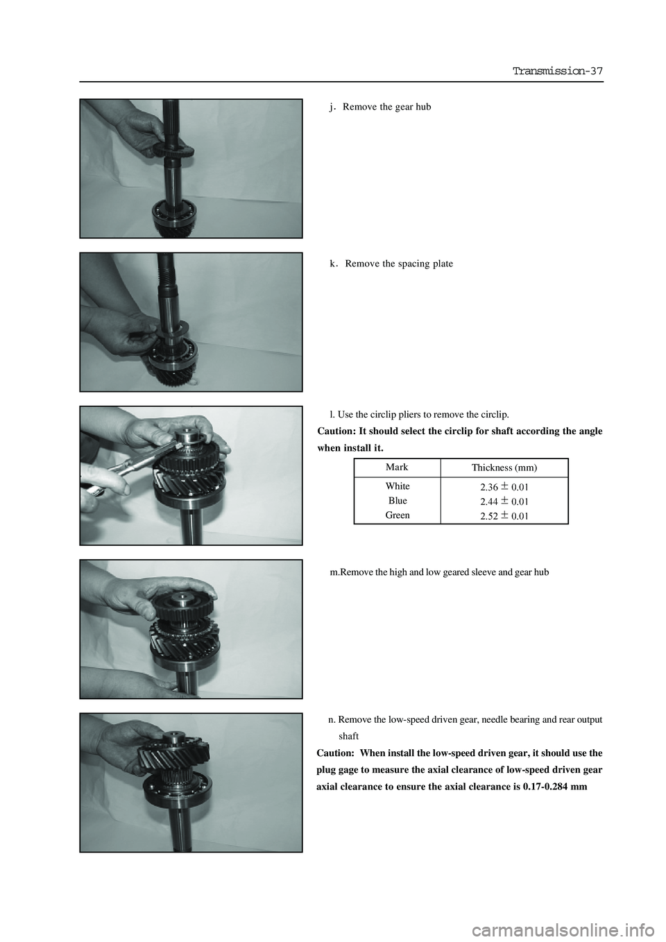 GREAT WALL HOVER 2006 Service Manual PDF Transmission-37
jRemove the gear hub
k
Remove the spacing plate
l. Use the circlip pliers to remove the circlip.
Caution: It should select the circlip for shaft according the angle
when install it.
m. GREAT WALL HOVER 2006 Service Manual PDF Transmission-37
jRemove the gear hub
k
Remove the spacing plate
l. Use the circlip pliers to remove the circlip.
Caution: It should select the circlip for shaft according the angle
when install it.
m.