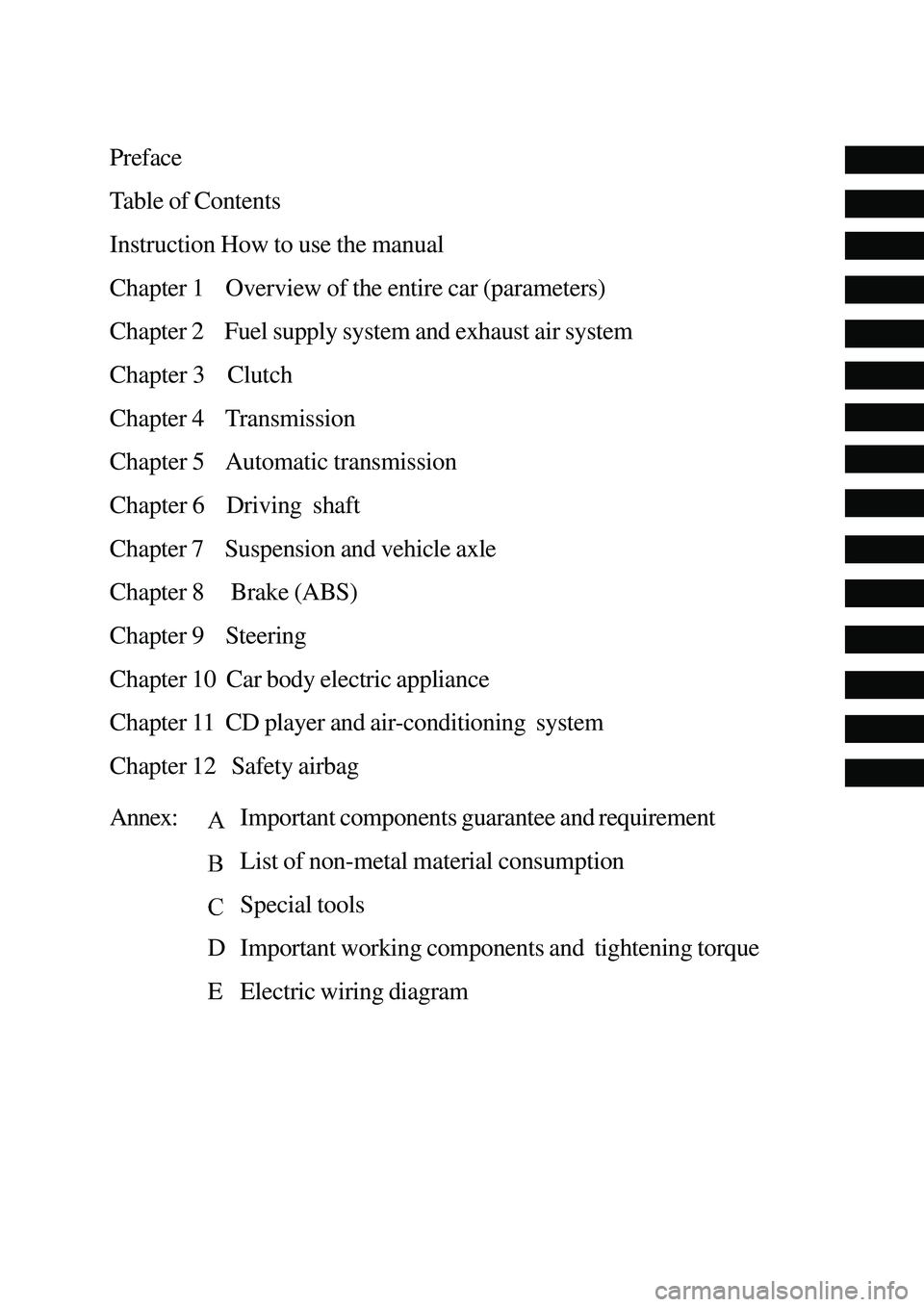 GREAT WALL HOVER 2006  Service Repair Manual Preface
Table of Contents
Instruction How to use the manual
Chapter 1    Overview of the entire car (parameters)
Chapter 2    Fuel supply system and exhaust air system
Chapter 3    Clutch
Chapter 4   