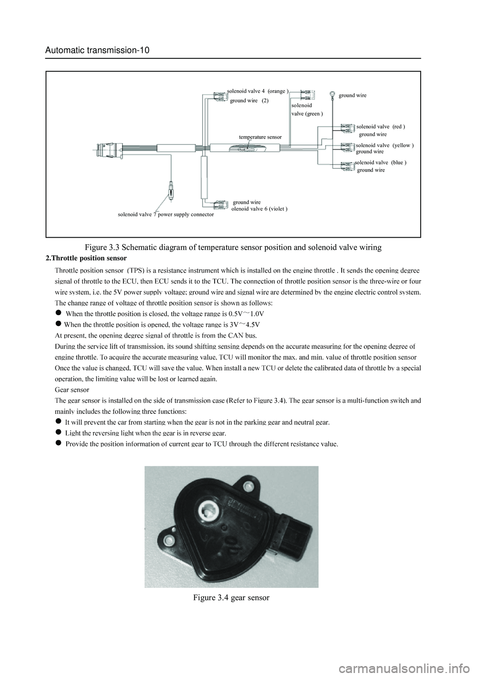 GREAT WALL HOVER 2006 Service Repair Manual Automatic transmission-10
Figure 3.3 Schematic diagram of temperature sensor position and solenoid valve wiring
2.Throttle position sensor
Figure 3.4 gear sensor
solenoid valve 4 (orange )
ground wir GREAT WALL HOVER 2006 Service Repair Manual Automatic transmission-10
Figure 3.3 Schematic diagram of temperature sensor position and solenoid valve wiring
2.Throttle position sensor
Figure 3.4 gear sensor
solenoid valve 4 (orange )
ground wir