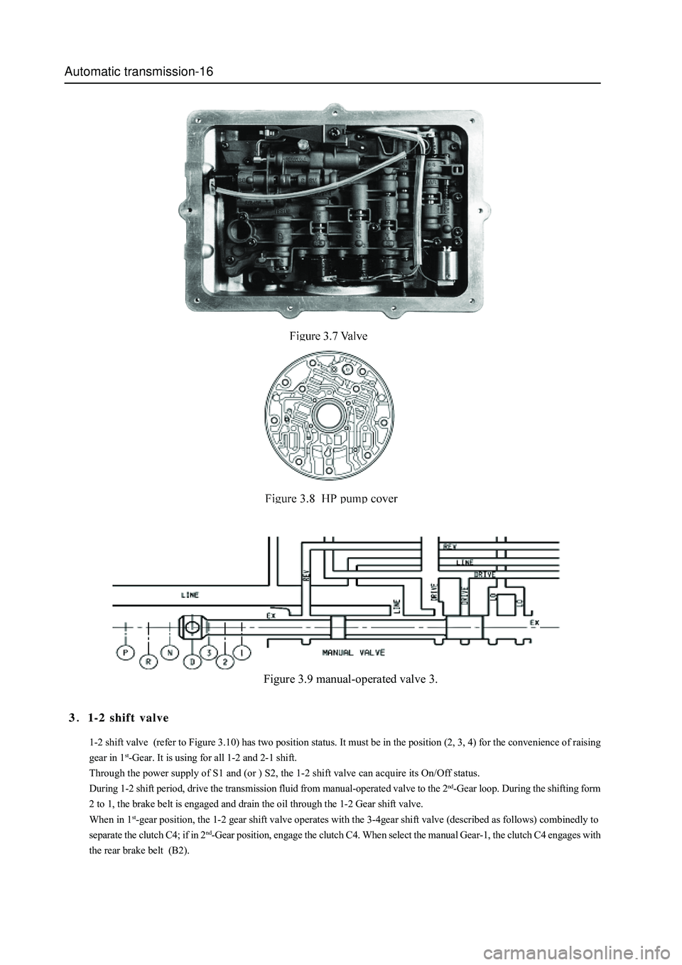GREAT WALL HOVER 2006 Service Owners Manual Automatic transmission-16
Figure 3.9 manual-operated valve 3.
1-2 shift valve (refer to Figure 3.10) has two position status. It must be in the position (2, 3, 4) for the convenience of raising
gear GREAT WALL HOVER 2006 Service Owners Manual Automatic transmission-16
Figure 3.9 manual-operated valve 3.
1-2 shift valve (refer to Figure 3.10) has two position status. It must be in the position (2, 3, 4) for the convenience of raising
gear