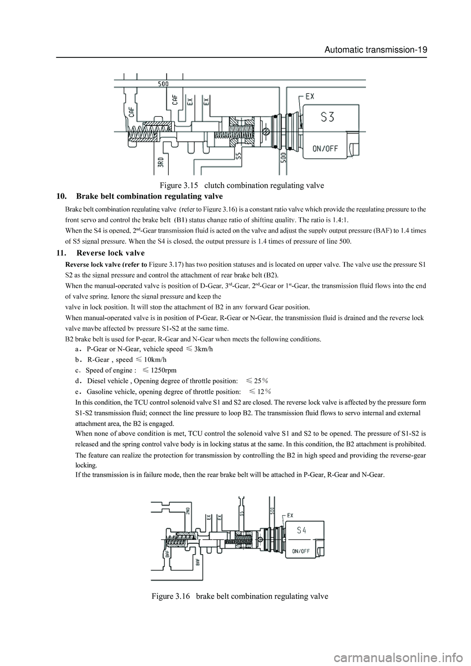 GREAT WALL HOVER 2006  Service Repair Manual Automatic transmission-19
Figure 3.15   clutch combination regulating valve
10.    Brake belt combination regulating valve
aP-Gear or N-Gear, vehicle speed 3km/h
b
R-Gear , speed 10km/h
c
Speed of eng