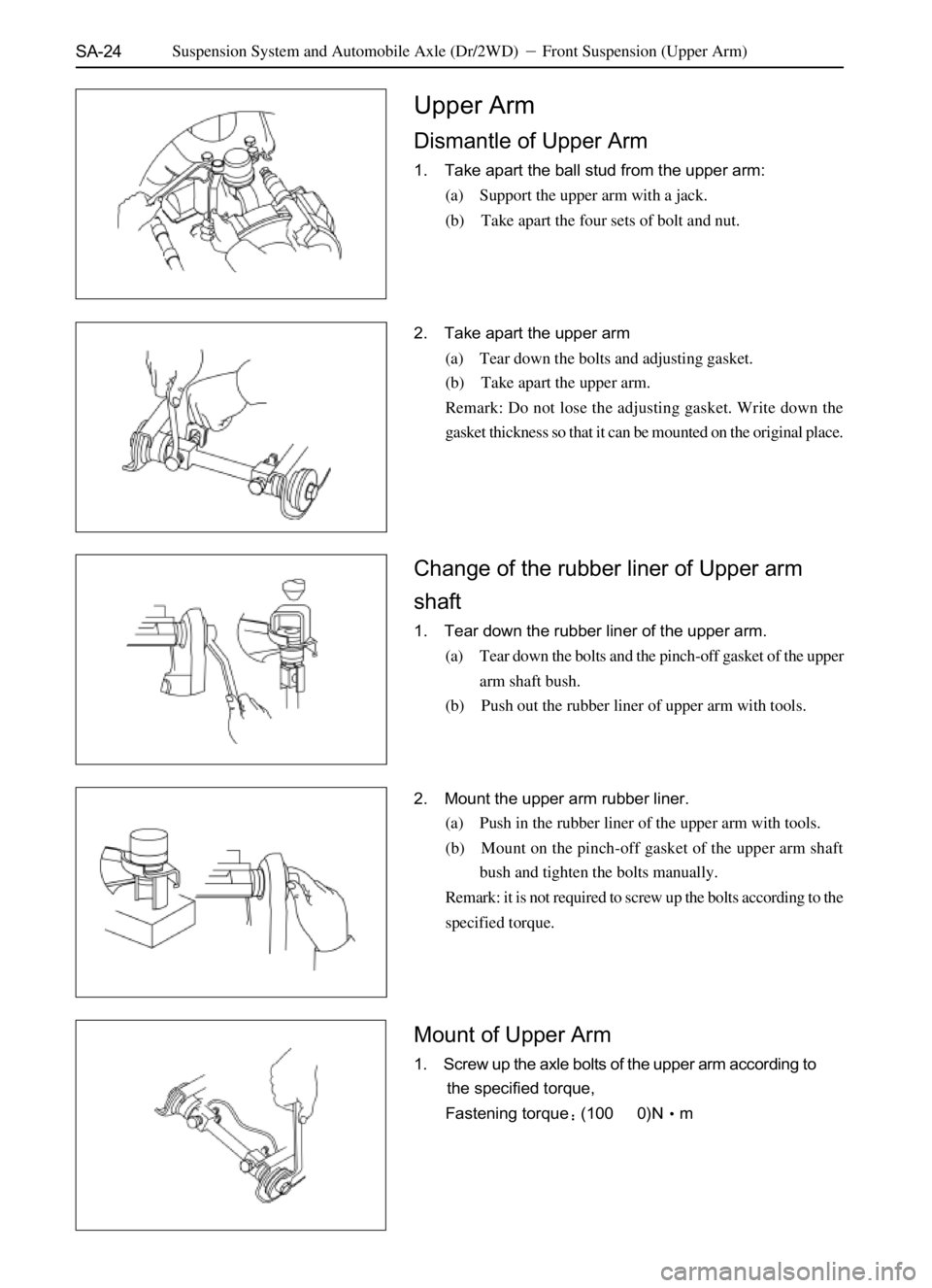 GREAT WALL PEGASUS 2006  Service Manual SA-24
Upper Arm
Dismantle of Upper Arm
1. Take apart the ball stud from the upper arm:
(a) Support the upper arm with a jack.
(b) Take apart the four sets of bolt and nut.
2. Take apart the upper arm
