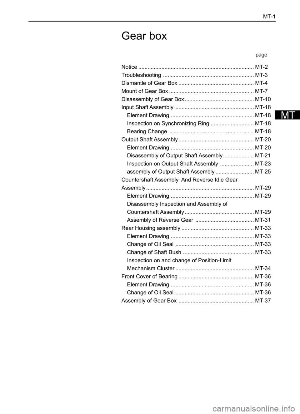 GREAT WALL PEGASUS 2006 User Guide MT-1
Gear box
page
Notice ........................................................................... MT-2
Troubleshooting ........................................................... MT-3
Dismantle of