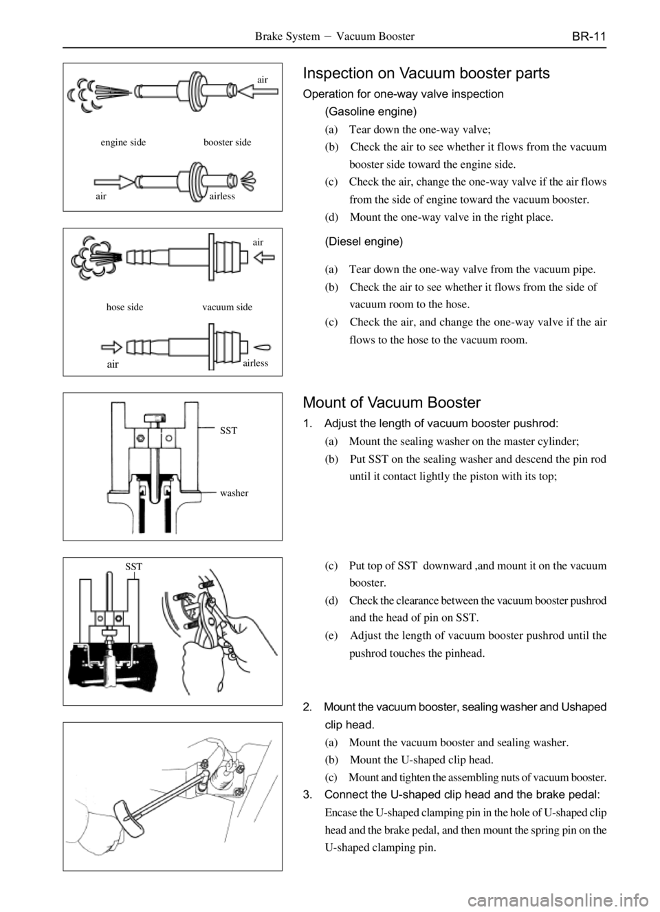 GREAT WALL PEGASUS 2006  Service Manual BR-11Brake SystemVacuum Booster
Inspection on Vacuum booster parts
Operation for one-way valve inspection
(Gasoline engine)
(a) Tear down the one-way valve;
(b) Check the air to see whether it flows 
