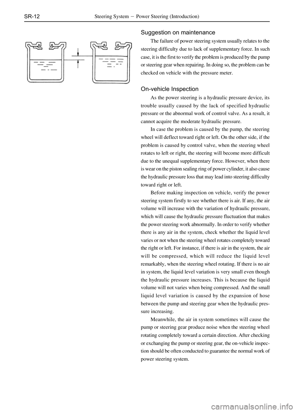 GREAT WALL PEGASUS 2006  Service Manual SR-12Steering SystemPower Steering (Introduction)
Suggestion on maintenance
The failure of power steering system usually relates to the
steering difficulty due to lack of supplementary force. In such