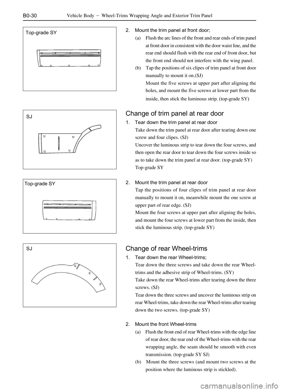GREAT WALL PEGASUS 2006  Service Manual B0-30
Top-grade SY
SJ
SJ  Top-grade SYVehicle BodyWheel-Trims Wrapping Angle and Exterior Trim Panel
2. Mount the trim panel at front door;
(a) Flush the arc lines of the front and rear ends of trim 