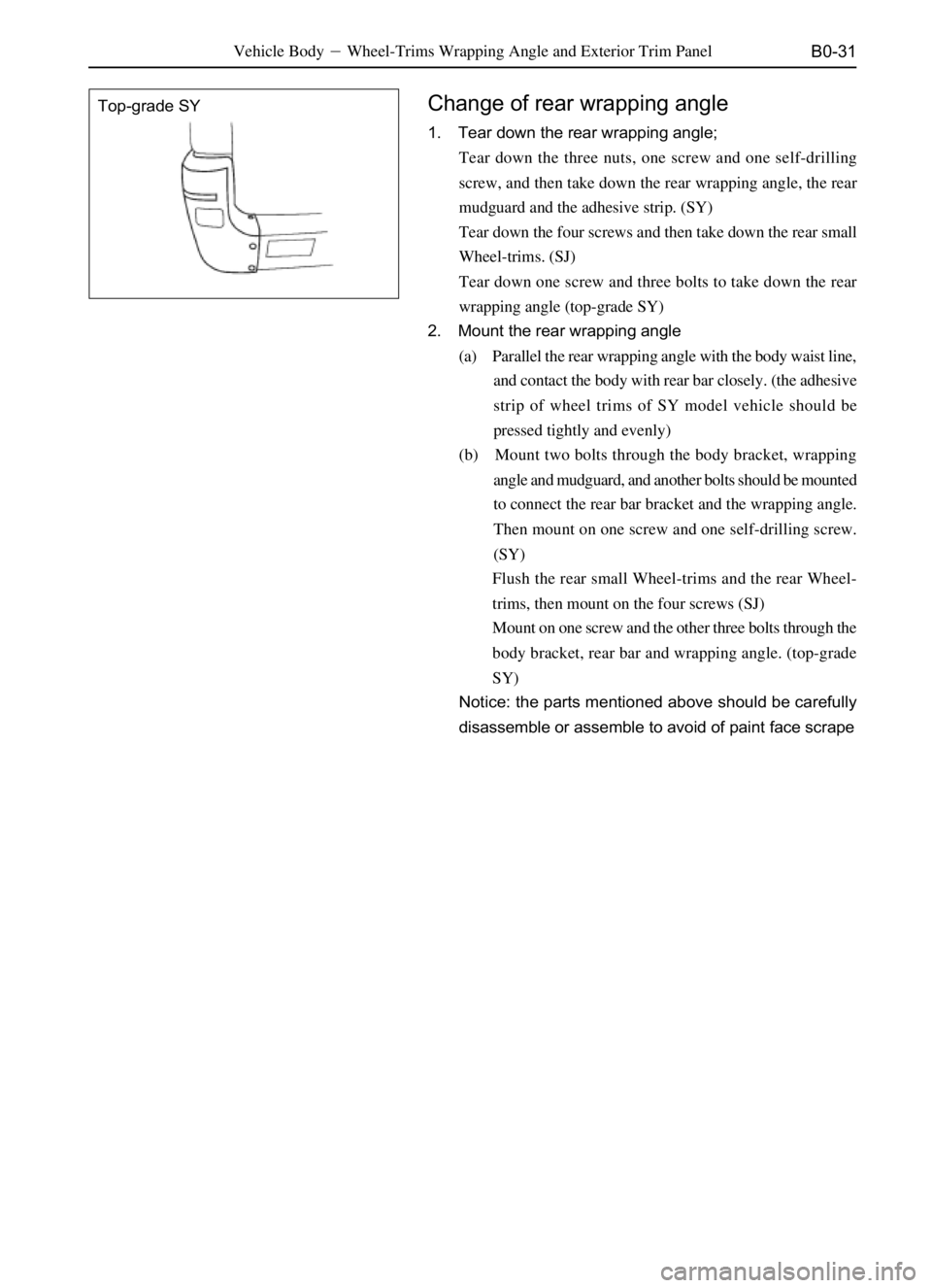 GREAT WALL PEGASUS 2006  Service Manual B0-31
Top-grade SYVehicle BodyWheel-Trims Wrapping Angle and Exterior Trim PanelChange of rear wrapping angle
1. Tear down the rear wrapping angle;
Tear down the three nuts, one screw and one self-dr