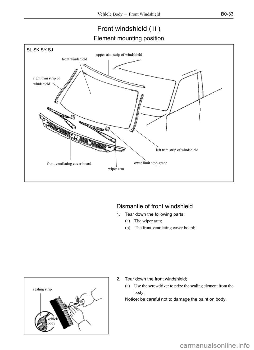 GREAT WALL PEGASUS 2006  Service Manual B0-33
Front windshield ()
Element mounting position
Vehicle BodyFront Windshield
Dismantle of front windshield
1. Tear down the following parts:
(a) The wiper arm;
(b) The front ventilating cover bo