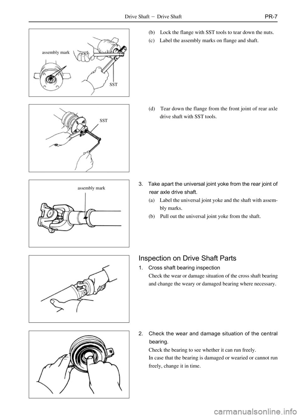 GREAT WALL SAFE 2006  Service Manual PR-7Drive ShaftDrive Shaft
(b) Lock the flange with SST tools to tear down the nuts.
(c) Label the assembly marks on flange and shaft.
SST
SST
assembly mark assembly mark
(d) Tear down the flange fro