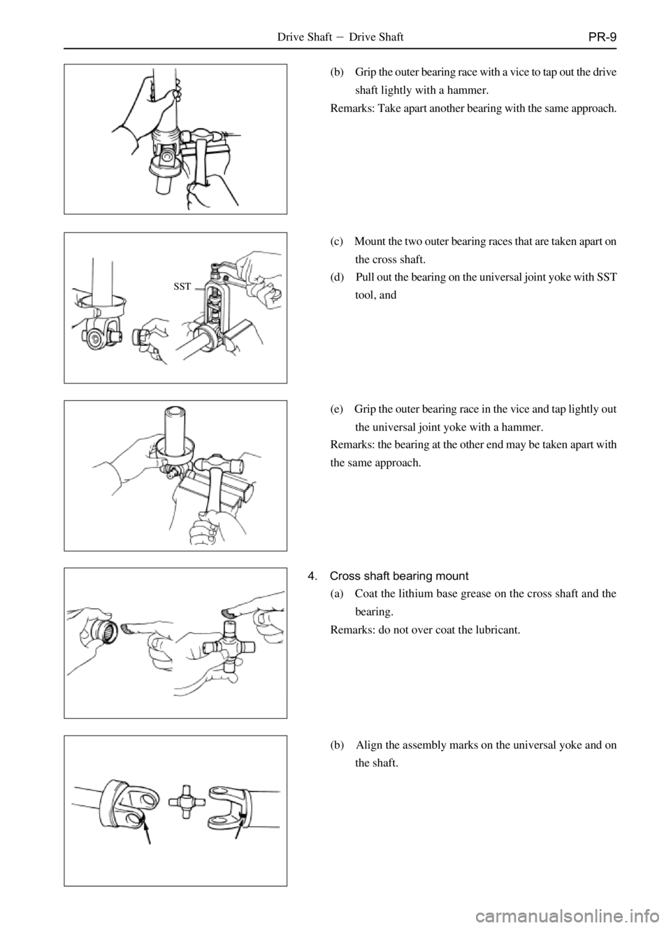 GREAT WALL SAFE 2006  Service Manual PR-9Drive ShaftDrive Shaft
SST
(c) Mount the two outer bearing races that are taken apart on
the cross shaft.
(d) Pull out the bearing on the universal joint yoke with SST
tool, and (b) Grip the oute