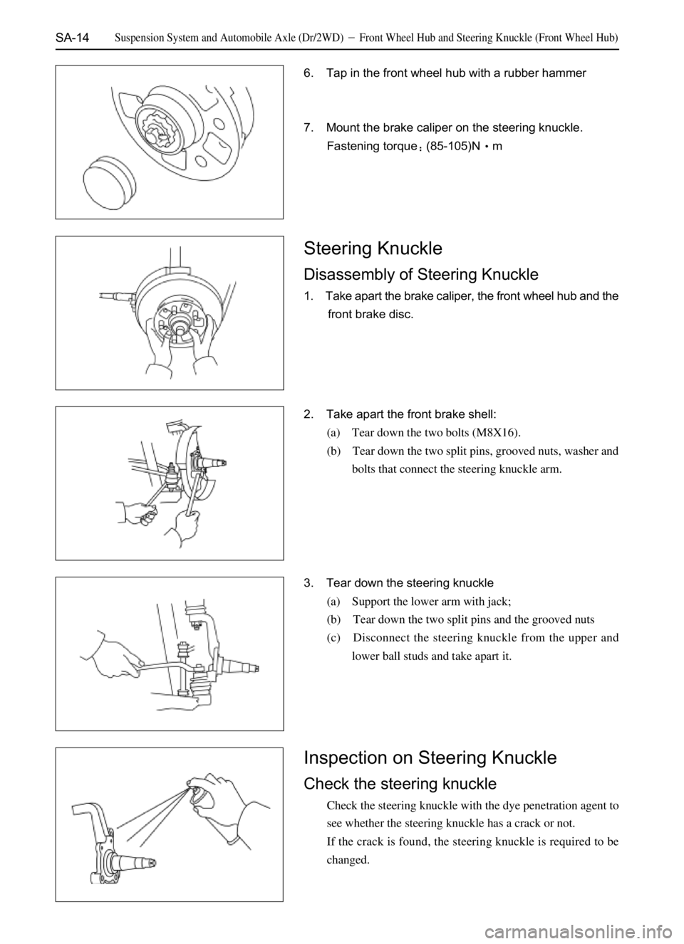 GREAT WALL SAFE 2006  Service Manual SA-14
6. Tap in the front wheel hub with a rubber hammer
7. Mount the brake caliper on the steering knuckle.
Fastening torque(85-105)Nm
Steering Knuckle
Disassembly of Steering Knuckle
1. Take apart