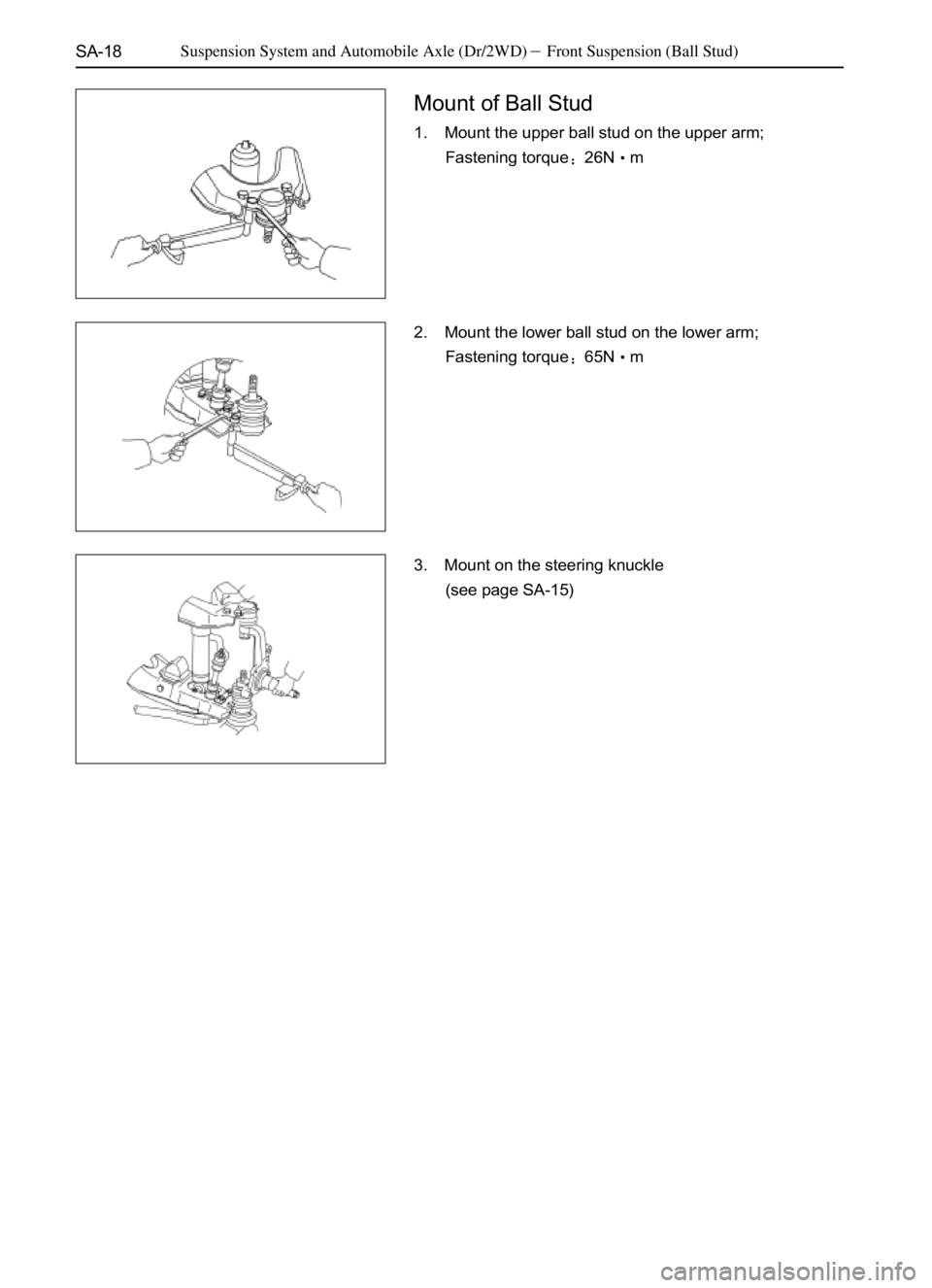 GREAT WALL SAFE 2006  Service Manual SA-18
Mount of Ball Stud
1. Mount the upper ball stud on the upper arm;
Fastening torque26Nm
2. Mount the lower ball stud on the lower arm;
Fastening torque65Nm
3. Mount on the steering knuckle
(s