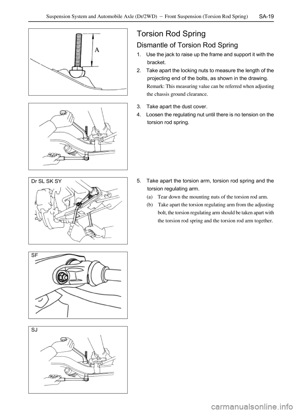 GREAT WALL SAFE 2006  Service Manual SA-19
Torsion Rod Spring
Dismantle of Torsion Rod Spring
1. Use the jack to raise up the frame and support it with the
bracket.
2. Take apart the locking nuts to measure the length of the
projecting e