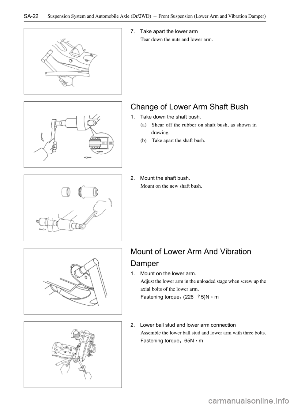 GREAT WALL SAFE 2006  Service Manual SA-22
7. Take apart the lower arm
Tear down the nuts and lower arm.
Change of Lower Arm Shaft Bush
1. Take down the shaft bush.
(a) Shear off the rubber on shaft bush, as shown in
drawing.
(b) Take ap