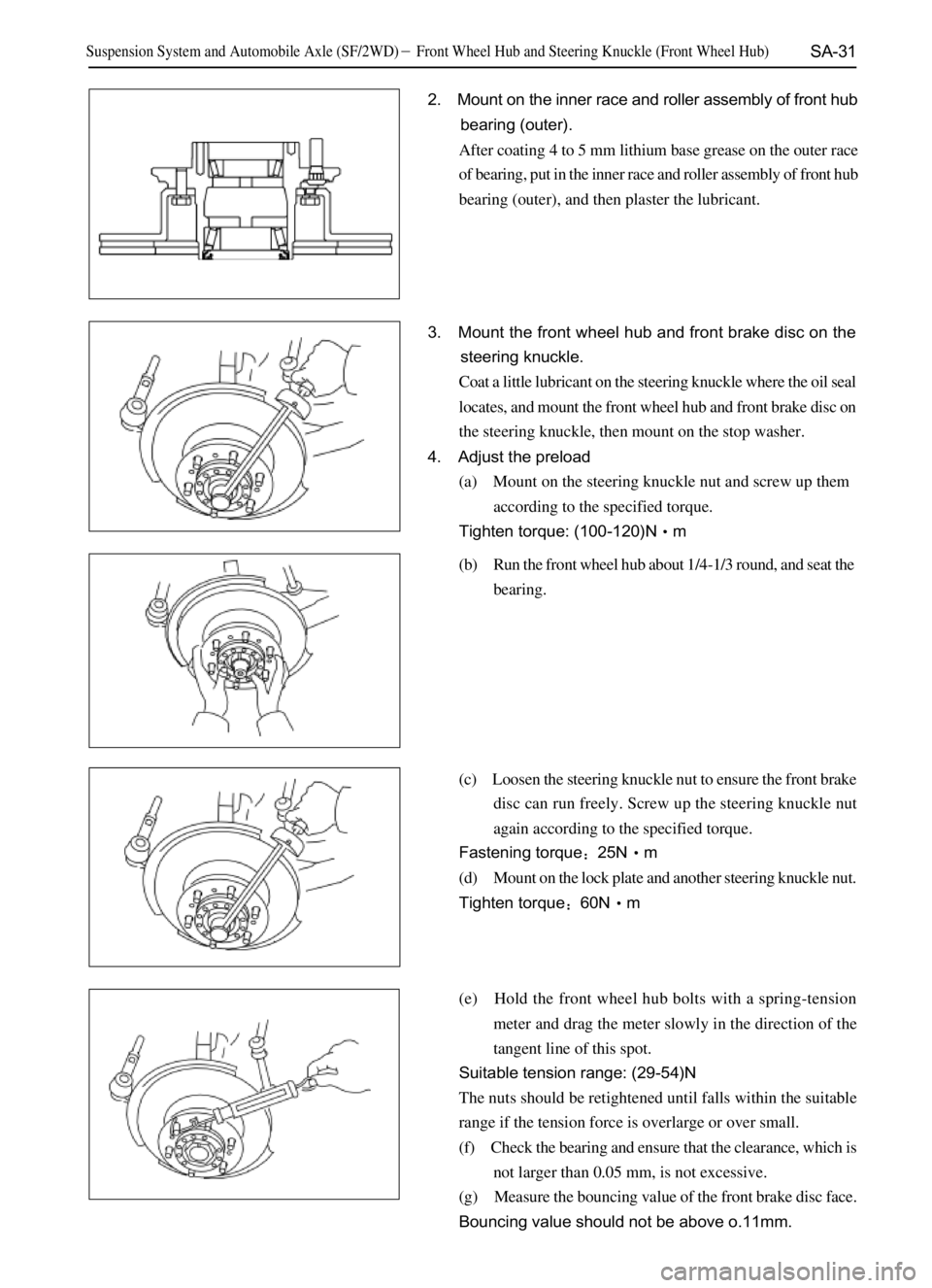 GREAT WALL SAFE 2006  Service Manual SA-31
2. Mount on the inner race and roller assembly of front hub
bearing (outer).
After coating 4 to 5 mm lithium base grease on the outer race
of bearing, put in the inner race and roller assembly o