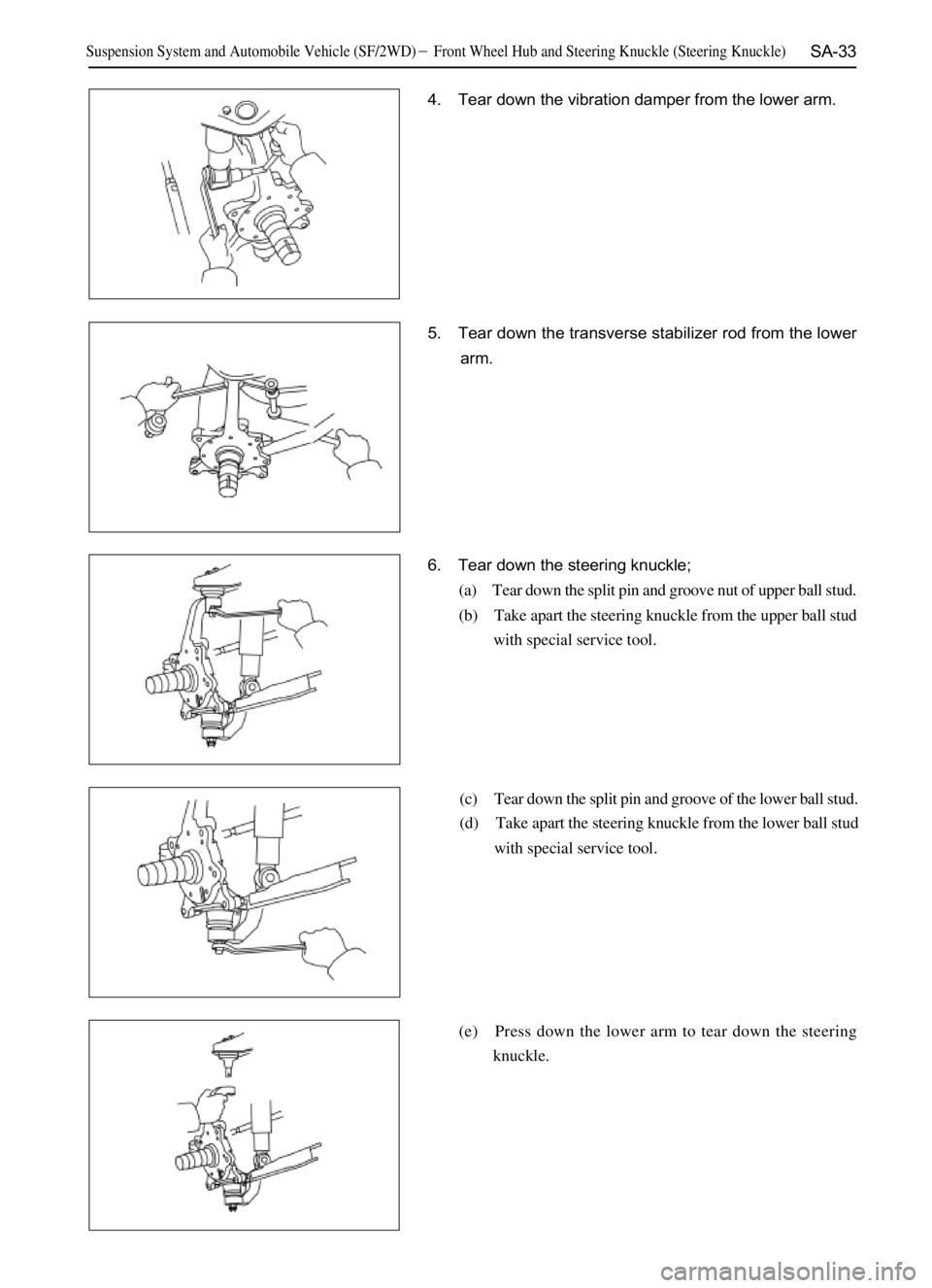 GREAT WALL SAFE 2006  Service Manual SA-33
4. Tear down the vibration damper from the lower arm.
5. Tear down the transverse stabilizer rod from the lower
arm.
6. Tear down the steering knuckle;
(a) Tear down the split pin and groove nut