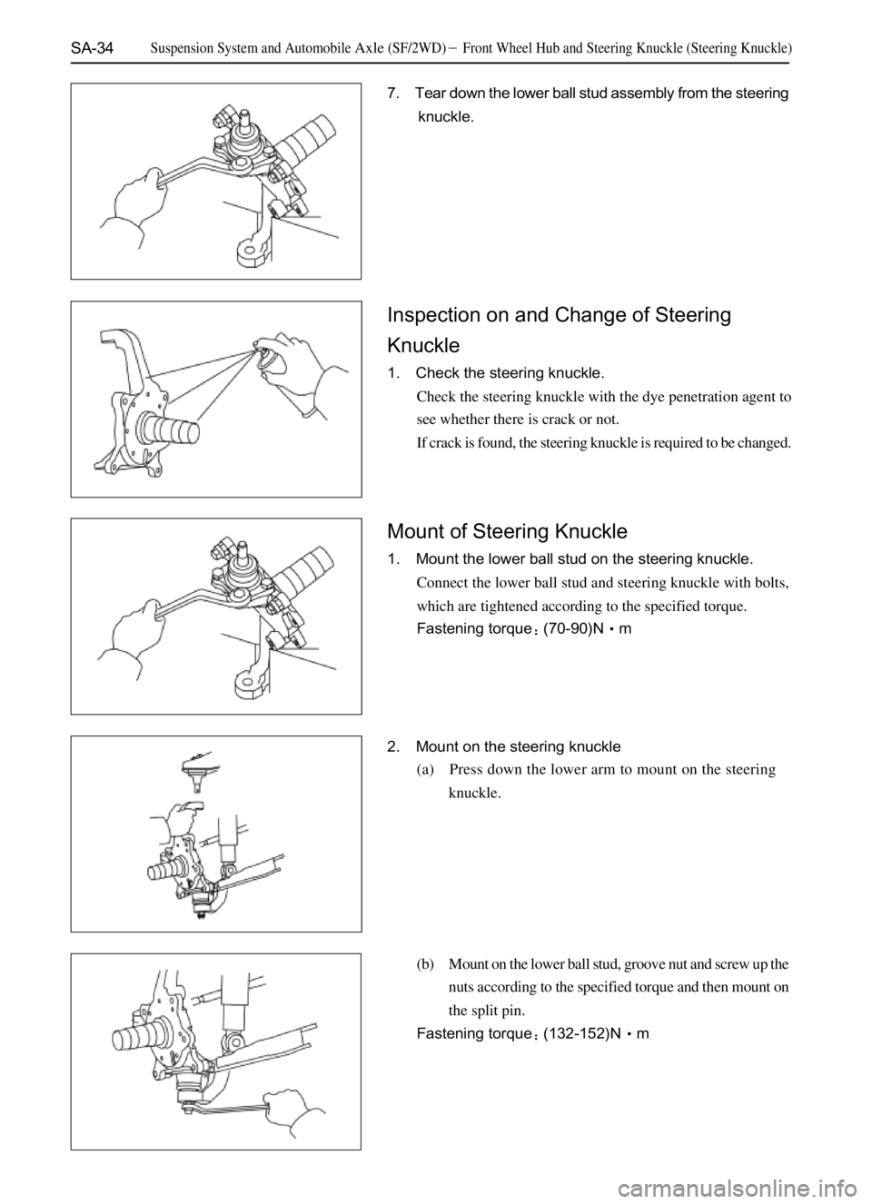 GREAT WALL SAFE 2006  Service Manual SA-34
7. Tear down the lower ball stud assembly from the steering
knuckle.
Inspection on and Change of Steering
Knuckle
1. Check the steering knuckle.
Check the steering knuckle with the dye penetrati