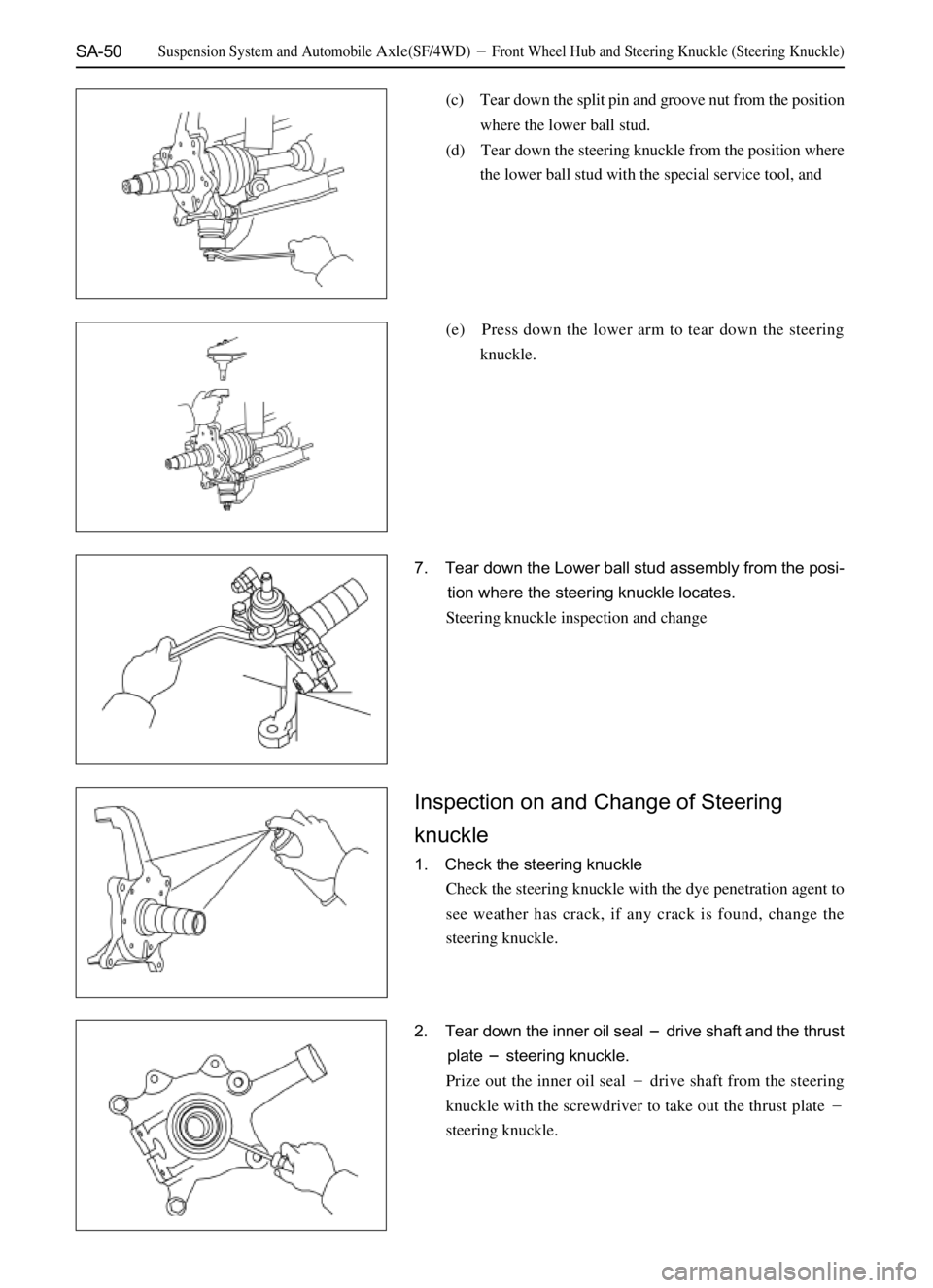 GREAT WALL SAFE 2006  Service Manual SA-50
(c) Tear down the split pin and groove nut from the position
where the lower ball stud.
(d) Tear down the steering knuckle from the position where
the lower ball stud with the special service to