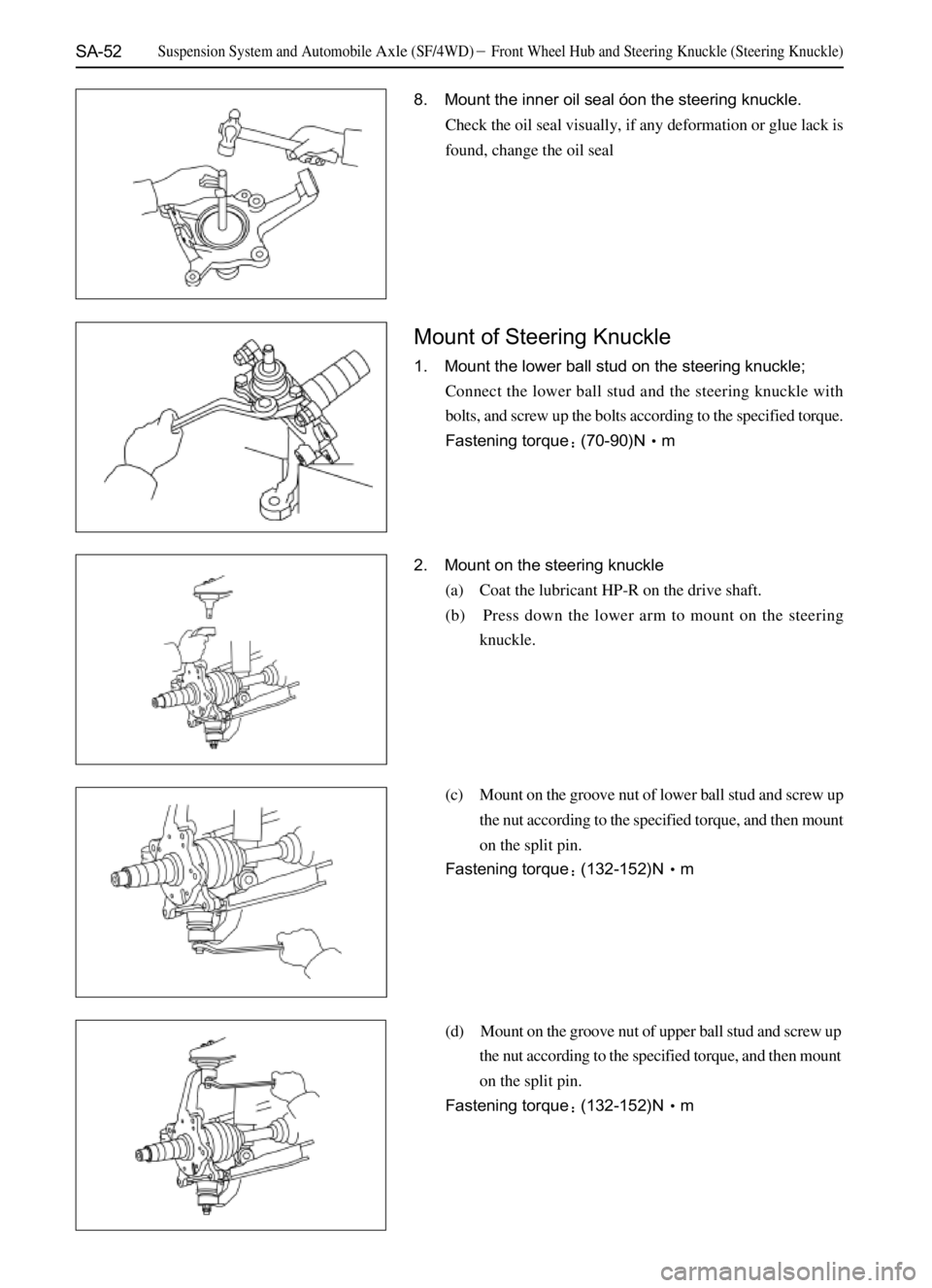 GREAT WALL SAFE 2006  Service Manual SA-52
8. Mount the inner oil seal óon the steering knuckle.
Check the oil seal visually, if any deformation or glue lack is
found, change the oil seal
Mount of Steering Knuckle
1. Mount the lower bal