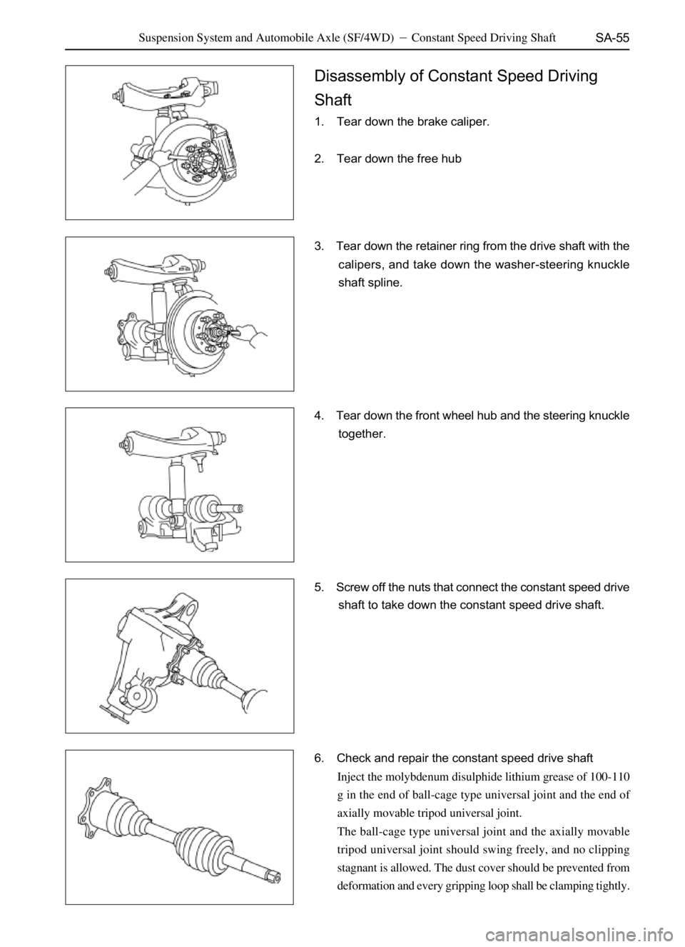 GREAT WALL SAFE 2006  Service Manual SA-55
3. Tear down the retainer ring from the drive shaft with the
calipers, and take down the washer-steering knuckle
shaft spline.
4. Tear down the front wheel hub and the steering knuckle
together.