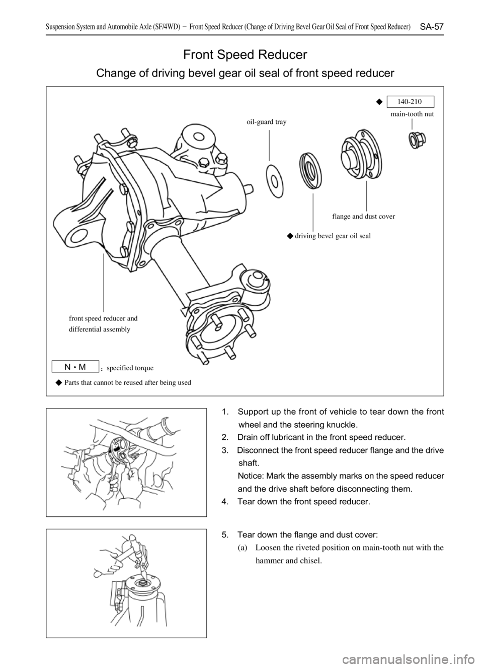 GREAT WALL SAFE 2006  Service Manual SA-57
1. Support up the front of vehicle to tear down the front
wheel and the steering knuckle.
2. Drain off lubricant in the front speed reducer.
3. Disconnect the front speed reducer flange and the 