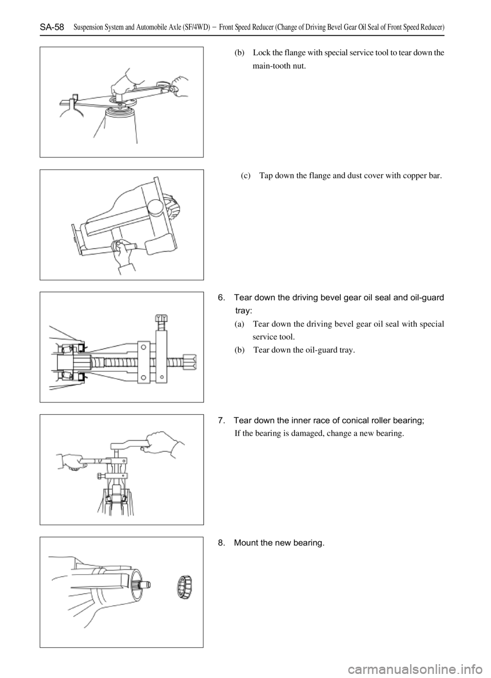 GREAT WALL SAFE 2006  Service Manual SA-58
(b) Lock the flange with special service tool to tear down the
main-tooth nut.
7. Tear down the inner race of conical roller bearing;
If the bearing is damaged, change a new bearing.
8. Mount th