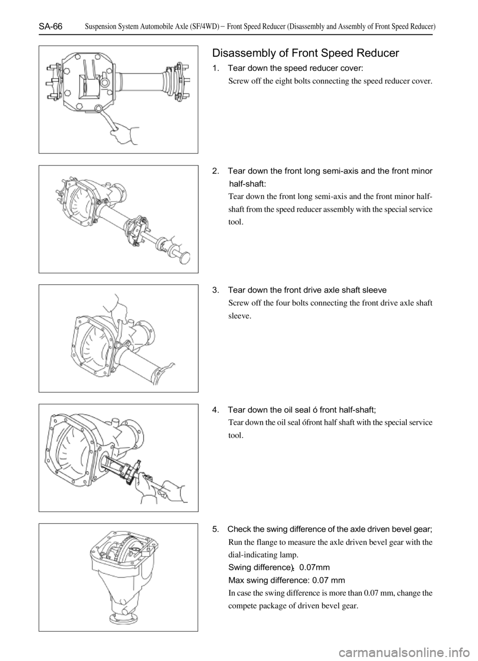 GREAT WALL SAFE 2006  Service Manual SA-66
Disassembly of Front Speed Reducer
1. Tear down the speed reducer cover:
Screw off the eight bolts connecting the speed reducer cover.
2. Tear down the front long semi-axis and the front minor
h