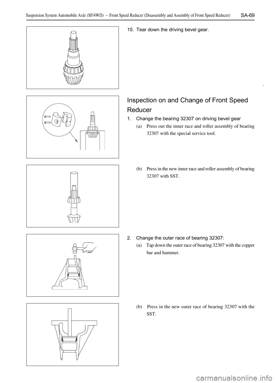 GREAT WALL SAFE 2006  Service Manual SA-69
15. Tear down the driving bevel gear.
Inspection on and Change of Front Speed
Reducer
1. Change the bearing 32307 on driving bevel gear
(a) Press out the inner race and roller assembly of bearin