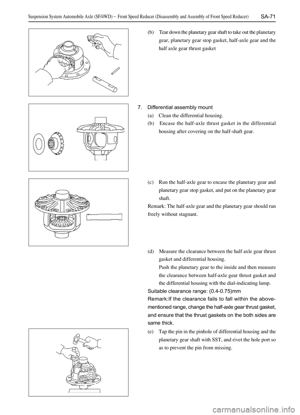 GREAT WALL SAFE 2006  Service Manual SA-71
(b) Tear down the planetary gear shaft to take out the planetary
gear, planetary gear stop gasket, half-axle gear and the
half axle gear thrust gasket
7. Differential assembly mount
(a) Clean th