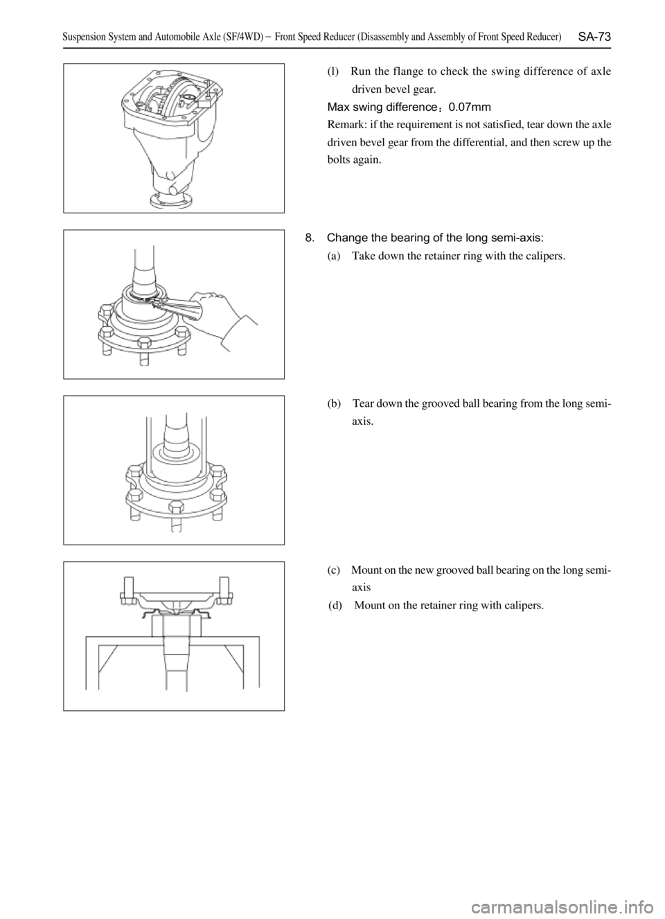 GREAT WALL SAFE 2006  Service Manual SA-73
(l) Run the flange to check the swing difference of axle
driven bevel gear.
Max swing difference0.07mm
Remark: if the requirement is not satisfied, tear down the axle
driven bevel gear from the