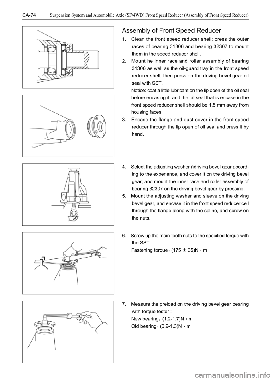 GREAT WALL SAFE 2006  Service Manual SA-74
4. Select the adjusting washer ñdriving bevel gear accord-
ing to the experience, and cover it on the driving bevel
gear; and mount the inner race and roller assembly of
bearing 32307 on the dr