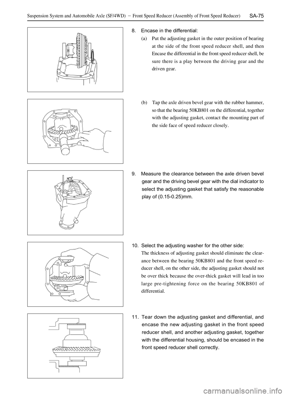 GREAT WALL SAFE 2006  Service Manual SA-75
8. Encase in the differential:
(a) Put the adjusting gasket in the outer position of bearing
at the side of the front speed reducer shell, and then
Encase the differential in the front speed red