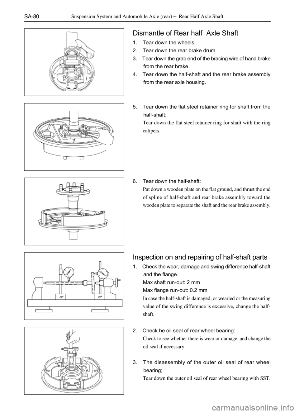 GREAT WALL SAFE 2006  Service Manual SA-80
Dismantle of Rear half  Axle Shaft
1. Tear down the wheels.
2. Tear down the rear brake drum.
3. Tear down the grab end of the bracing wire of hand brake
from the rear brake.
4. Tear down the ha