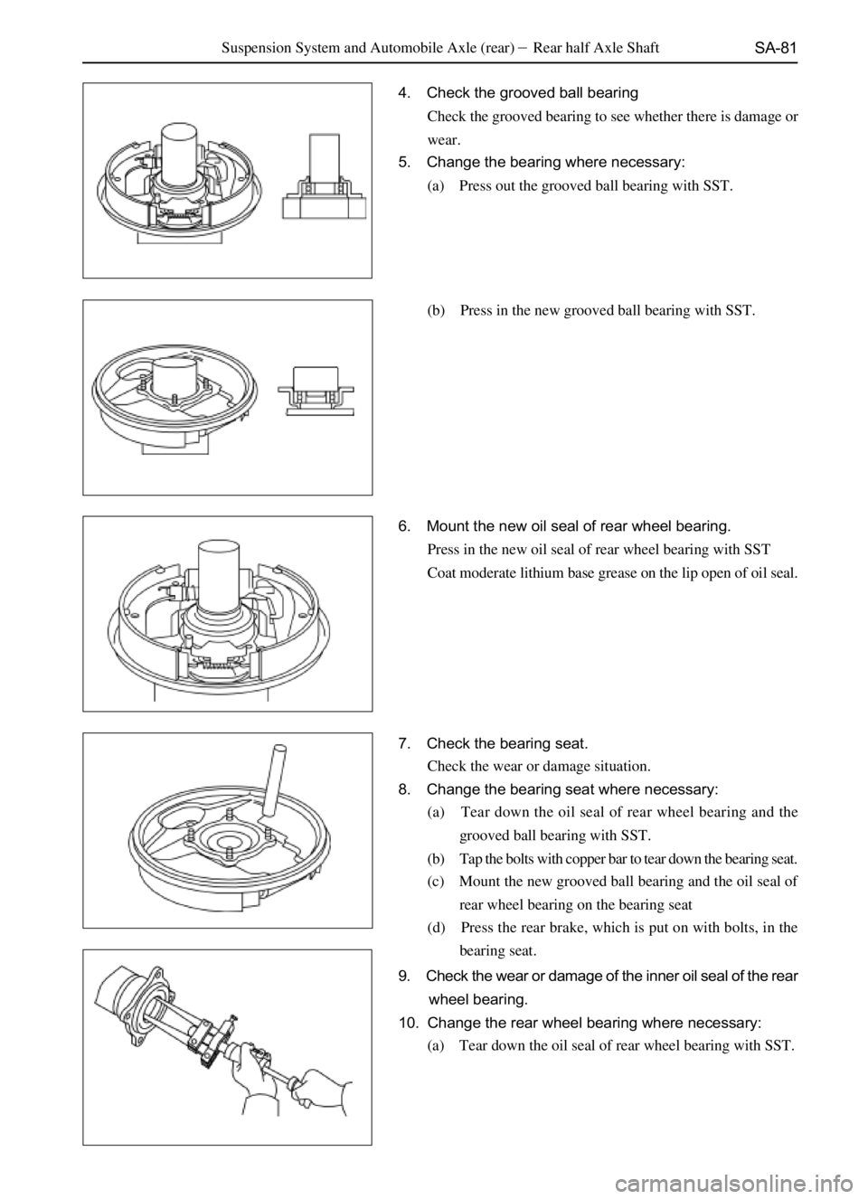 GREAT WALL SAFE 2006  Service Manual SA-81
4. Check the grooved ball bearing
Check the grooved bearing to see whether there is damage or
wear.
5. Change the bearing where necessary:
(a) Press out the grooved ball bearing with SST.
(b) Pr