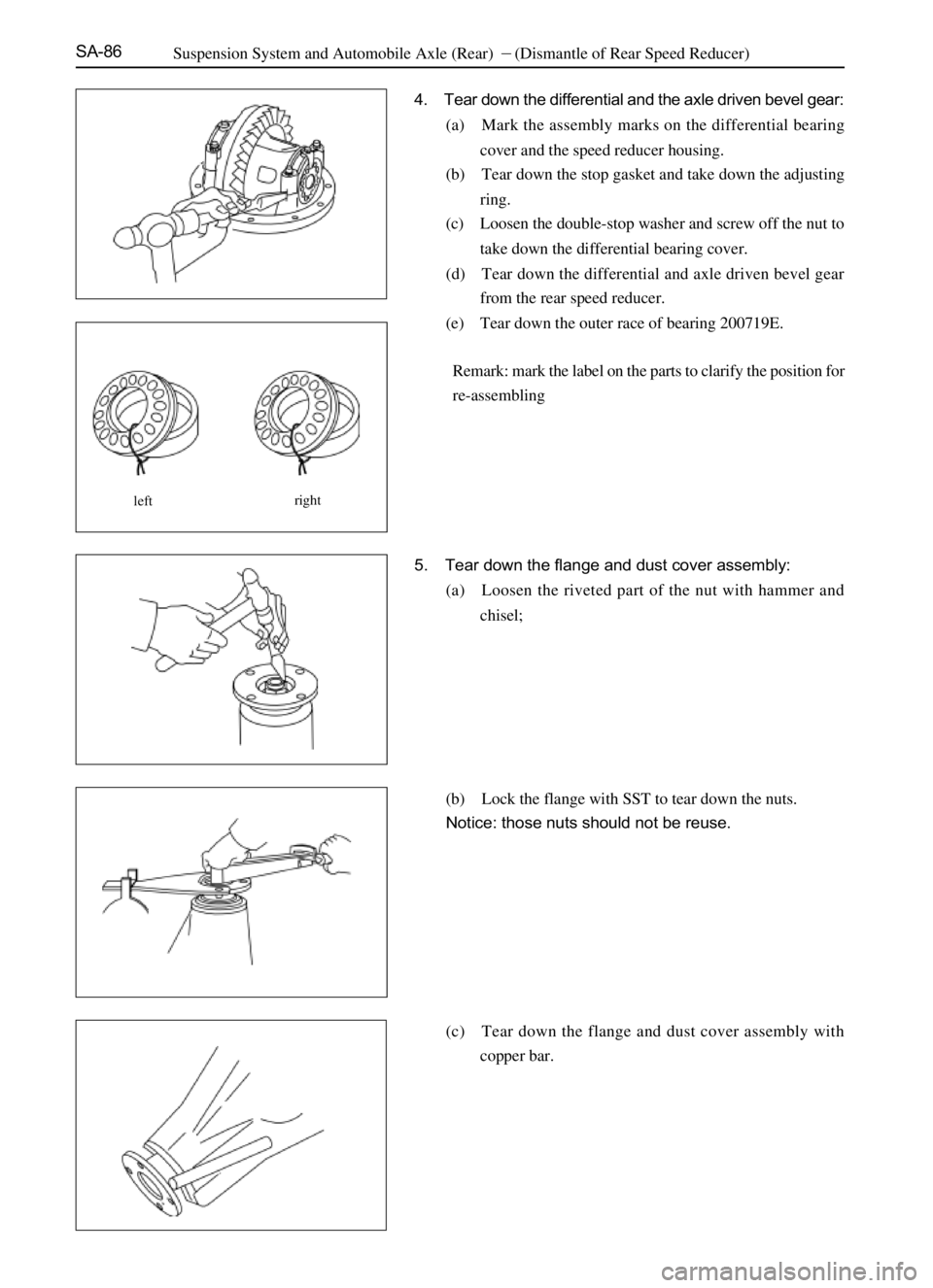 GREAT WALL SAFE 2006  Service Manual SA-86
4. Tear down the differential and the axle driven bevel gear:
(a) Mark the assembly marks on the differential bearing
cover and the speed reducer housing.
(b) Tear down the stop gasket and take 