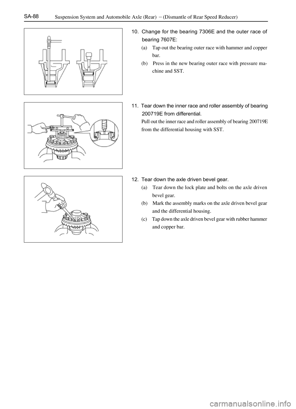 GREAT WALL SAFE 2006  Service Manual SA-88
10. Change for the bearing 7306E and the outer race of
bearing 7607E:
(a) Tap out the bearing outer race with hammer and copper
bar.
(b) Press in the new bearing outer race with pressure ma-
chi