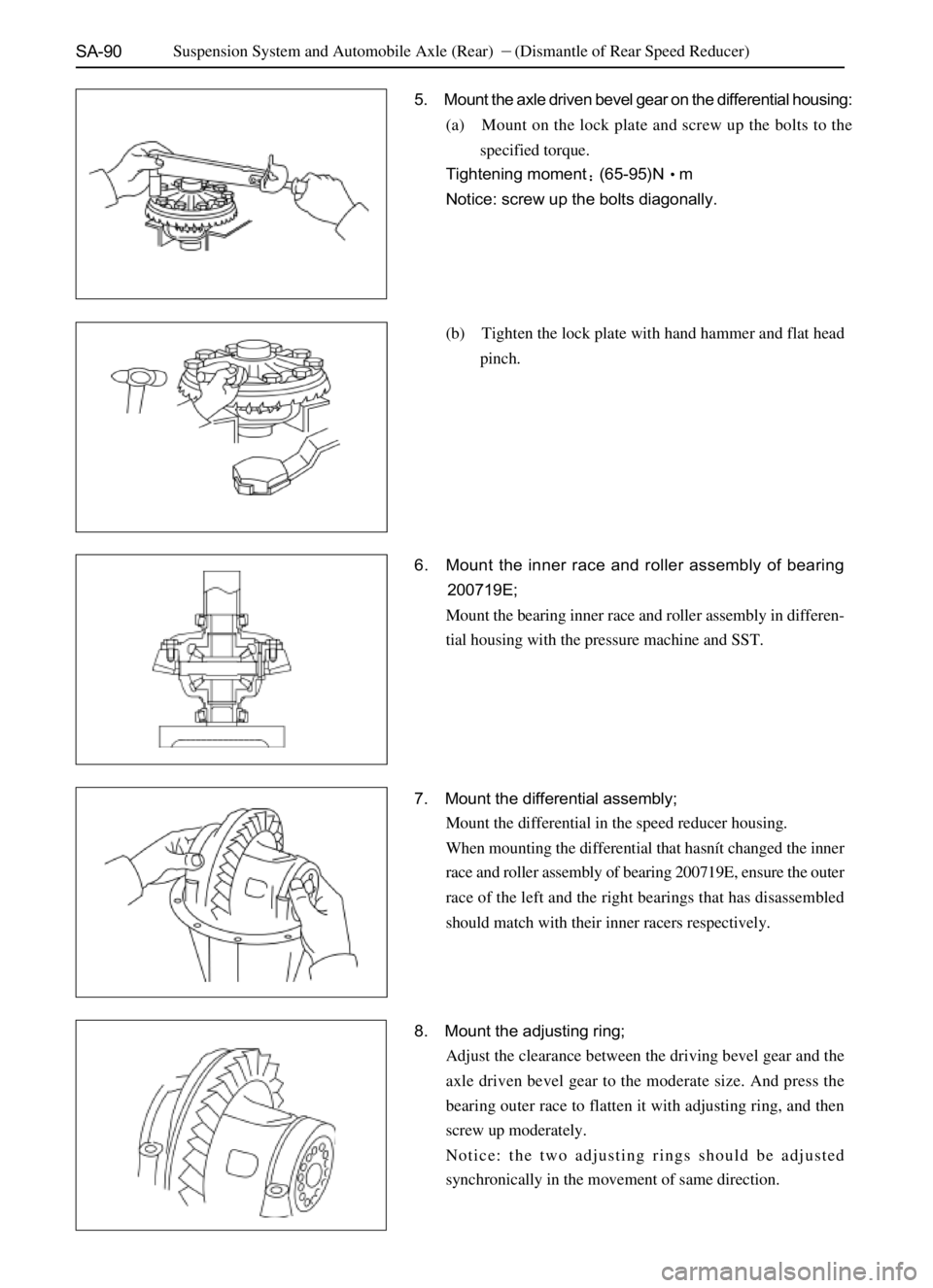 GREAT WALL SAFE 2006  Service Manual SA-90
5. Mount the axle driven bevel gear on the differential housing:
(a) Mount on the lock plate and screw up the bolts to the
specified torque.
Tightening moment(65-95)Nm
Notice: screw up the bol
