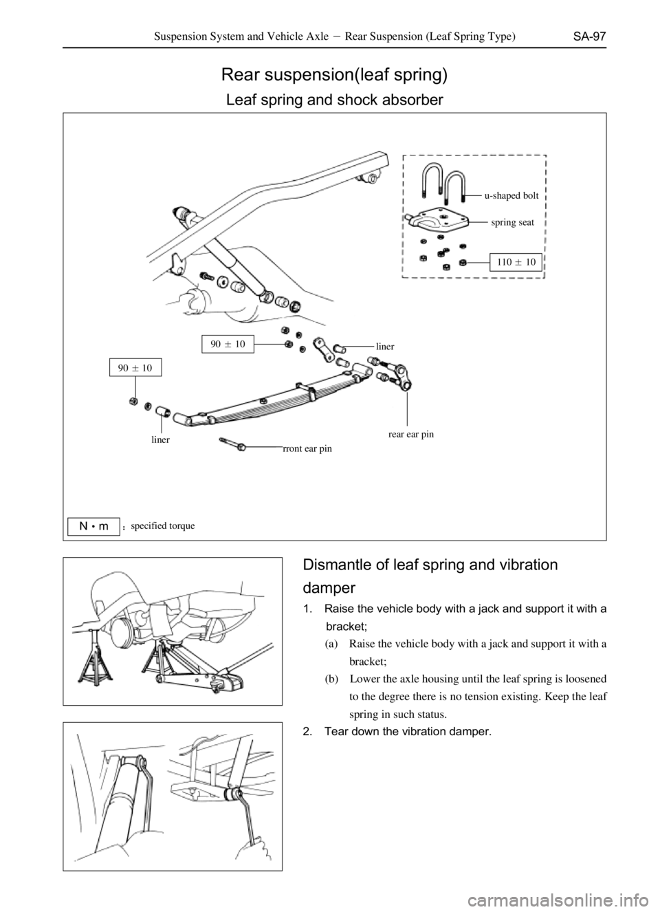 GREAT WALL SAFE 2006  Service Manual SA-97Suspension System and Vehicle AxleRear Suspension (Leaf Spring Type)
Rear suspension(leaf spring)
Leaf spring and shock absorber
Nmspecified torque
9010
11010
liner
rront ear pinrear ear pin